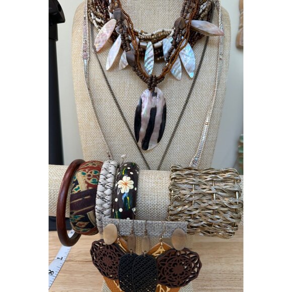 Bohemian Jewelry Lot With Necklaces Earrings & Bangles Neutral Tones Mixed Mater - Picture 1 of 13